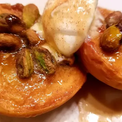 Baked Apple with cinnamon oat topping.